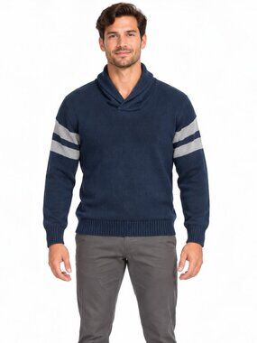 Bowen & Wright Mens L Navy Blue Shawl Collar Cotton Knit Sweater Gray Stripe